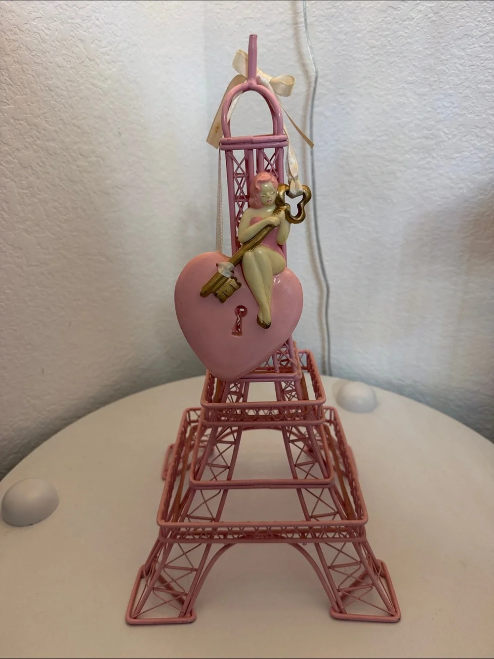 Lady Weird Pink Eiffel Tower Heart Ornament with Key Accent